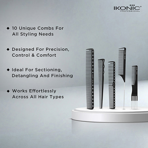 Ikonic Professional Hair Dressing Comb Set- (Set of 10 Pieces)